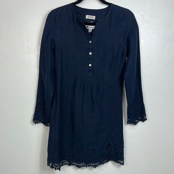 Malvin Linen Navy Blue Long Sleeve Lace Trim Mini Dress Size S - Picture 1 of 10